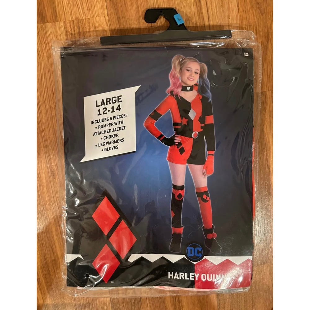 DC Comics Harley Quinn 6 Piece Costume Romper Set Kids Large (12-14) NEW